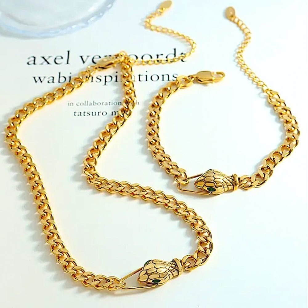 Gold Snake Choker Bracelet Matching Set, Chain Link, Serpent, Necklace